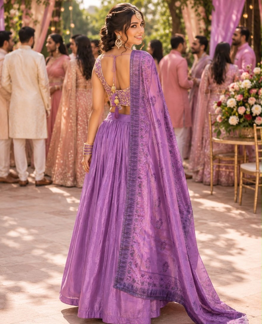 PURPLE - Lavender Tissue Embroidered Work Readymade Lehenga Choli